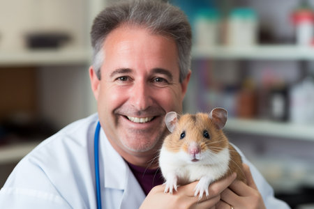 a male excotic pet vet holding a guinea pig bokeh style backgroundの素材