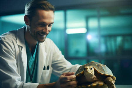 a male pet vet with turtle in vet clinic bokeh style backgroundの素材