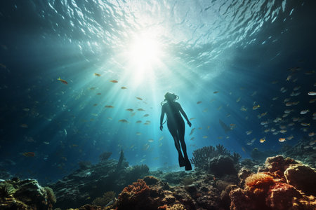 scuba diver diving looking at coral reefsの素材