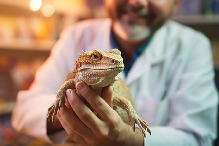 a male pet vet holding chameleon in vet clinic bokeh style backgroundの素材