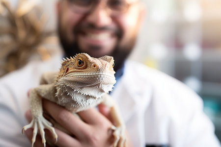 a male pet vet holding chameleon in vet clinic bokeh style backgroundの素材