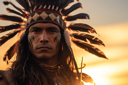 native american man wearing native dress in front of sunset bokeh style backgroundの素材