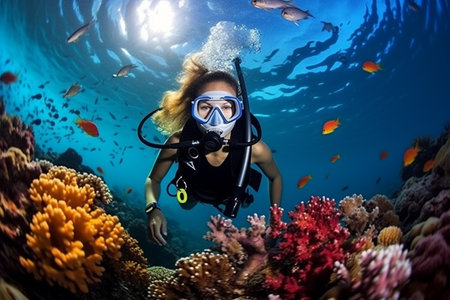 scuba diver diving looking at coral reefs bokeh style backgroundの素材