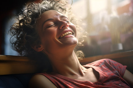 a middle aged woman smiling in living room bokeh style backgroundの素材