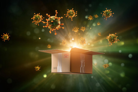 coronaviruses spread into parcel box bokeh style backgroundの素材