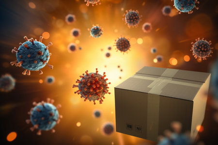 coronaviruses spread into parcel box bokeh style backgroundの素材