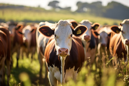 Flock of cows standing on the farm bokeh style backgroundの素材