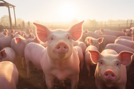 Flock of pigs standing on the farm bokeh style backgroundの素材
