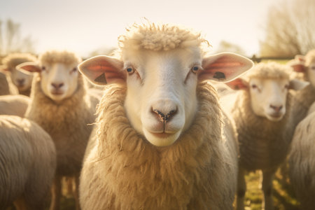 Flock of sheeps standing on the farm bokeh style backgroundの素材