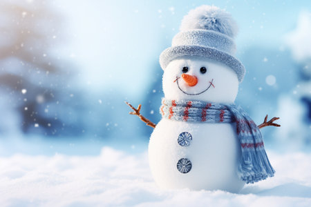 a snowman standing outdoors in winter holiday bokeh style backgroundの素材