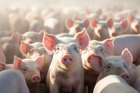 Flock of pigs standing on the farm bokeh style backgroundの素材