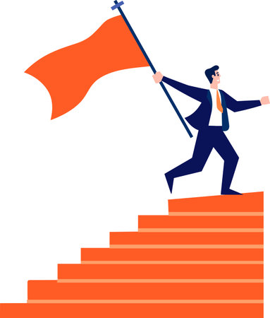 Hand Drawn Businessman walking up stairs in success concept in flat style isolated on backgroundのイラスト素材