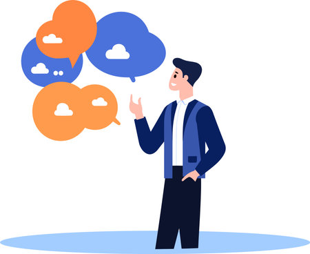 Hand Drawn Businessman with speech bubble in flat style isolated on backgroundのイラスト素材