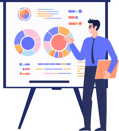 Hand Drawn Businessman with presentation charts in flat style isolated on backgroundのイラスト素材
