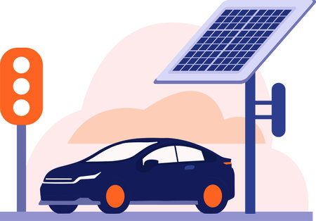Hand Drawn Electric cars with electric charging stations in flat style isolated on backgroundのイラスト素材