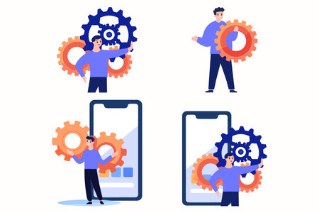 Hand Drawn Engineer or architect with cogs in construction concept in flat style isolated on backgroundのイラスト素材