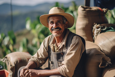 male coffee farmer smiling in front of his farm bokeh style backgroundの素材