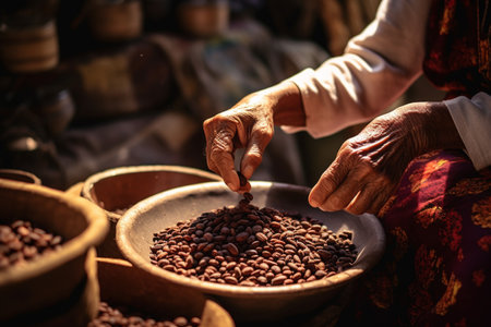 close up hand holding a wood tray of coffee beans in front of nature background bokeh style backgroundの素材