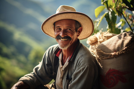 male coffee farmer smiling in front of his farm bokeh style backgroundの素材