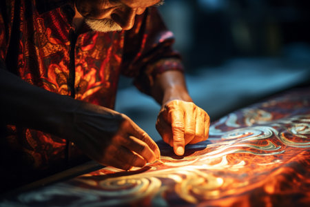 old man artisan doing batik fabric bokeh style backgroundの素材