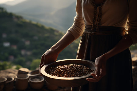 a woman holding a wood tray of coffee beans in front of nature background bokeh style backgroundの素材
