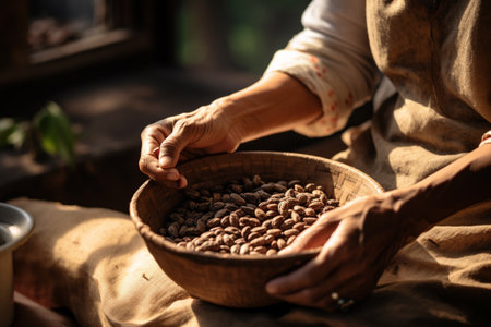 close up hand holding a wood tray of coffee beans in front of nature background bokeh style backgroundの素材