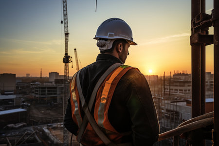 construction workers looking at building site bokeh style backgroundの素材