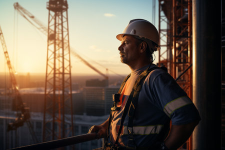 construction workers looking at building site bokeh style backgroundの素材