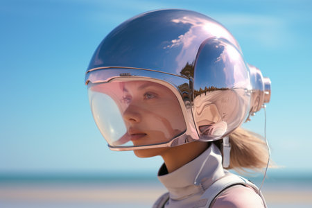 woman wearing helmet in front of the sea  futuristic style bokeh style backgroundの素材