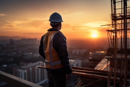 construction workers looking at building site bokeh style backgroundの素材