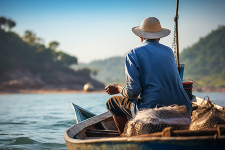 middle age fisherman sitting on a boat bokeh style backgroundの素材
