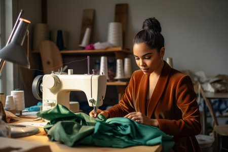 woman sewing a dress in her studio bokeh style backgroundの素材