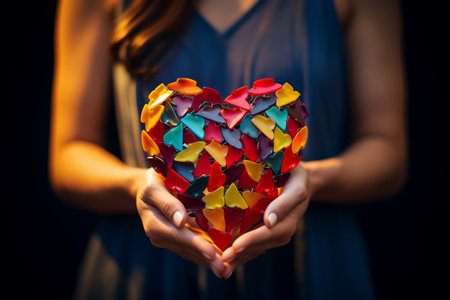 woman holding a colorful puzzle heart bokeh style backgroundの素材