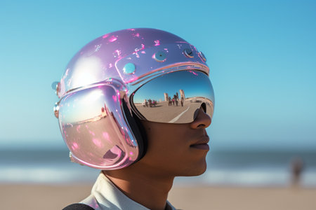 man wearing helmet in front of the sea  futuristic style bokeh style backgroundの素材