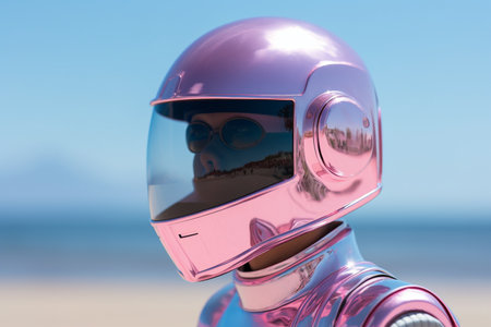 man wearing helmet in front of the sea  futuristic style bokeh style backgroundの素材