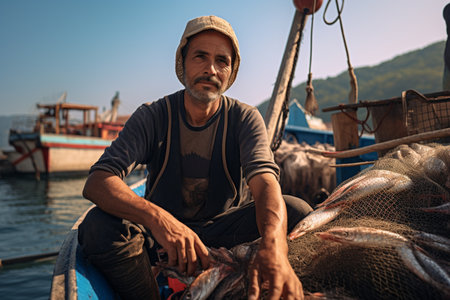middle age fisherman sitting on a boat bokeh style backgroundの素材