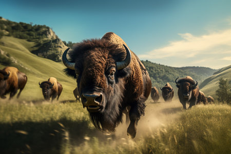 crowd bulls standing in the green valley bokeh style backgroundの素材