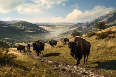 crowd bulls standing in the green valley bokeh style backgroundの素材