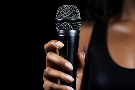 close up of hand holding a microphone bokeh style backgroundの素材