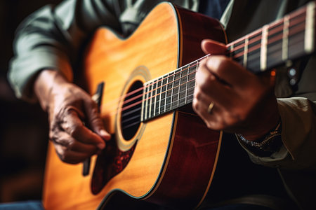 close up of hands playing an acoustic guitar bokeh style backgroundの素材
