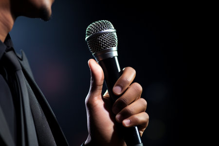 close up of hands holding a microphoneの素材