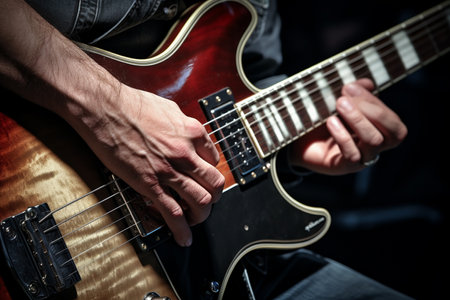 close up of a guitarist playing an electric guitar bokeh style backgroundの素材