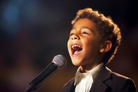 a young boy singing on the stage bokeh style backgroundの素材