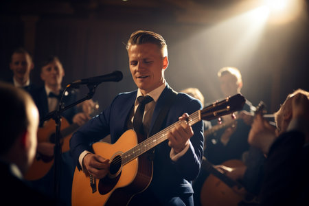 a man playing an acoustic guitar with musical ensemble on stage bokeh style backgroundの素材