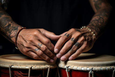 close up of hands playing drum bokeh style backgroundの素材