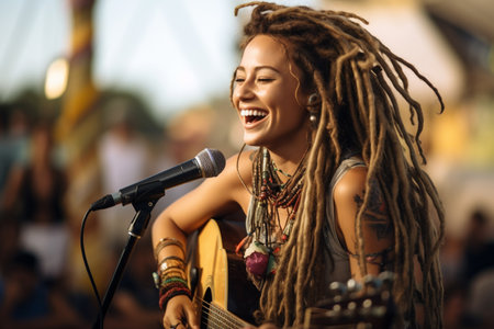 african american dreadlocks style girl singing and playing acoustic guitar bokeh style backgroundの素材
