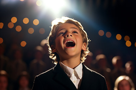 a young boy singing on the stage bokeh style backgroundの素材