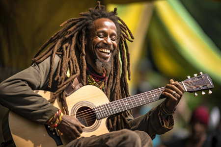 african american dreadlocks style man playing acoustic guitar bokeh style backgroundの素材