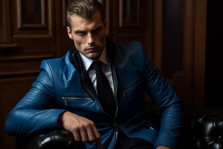 businessman model wearing blue suit sitting on the chairの素材