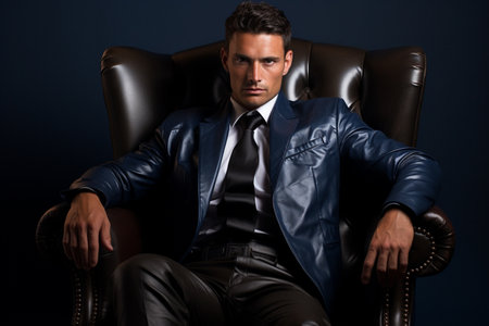 businessman model wearing blue suit sitting on the chairの素材